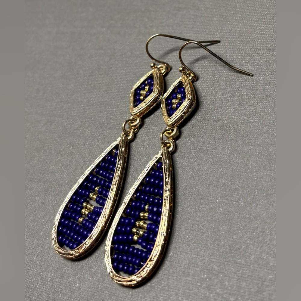 Gold & Blue Hand Beaded Teardrop Earrings - Picture 2 of 5